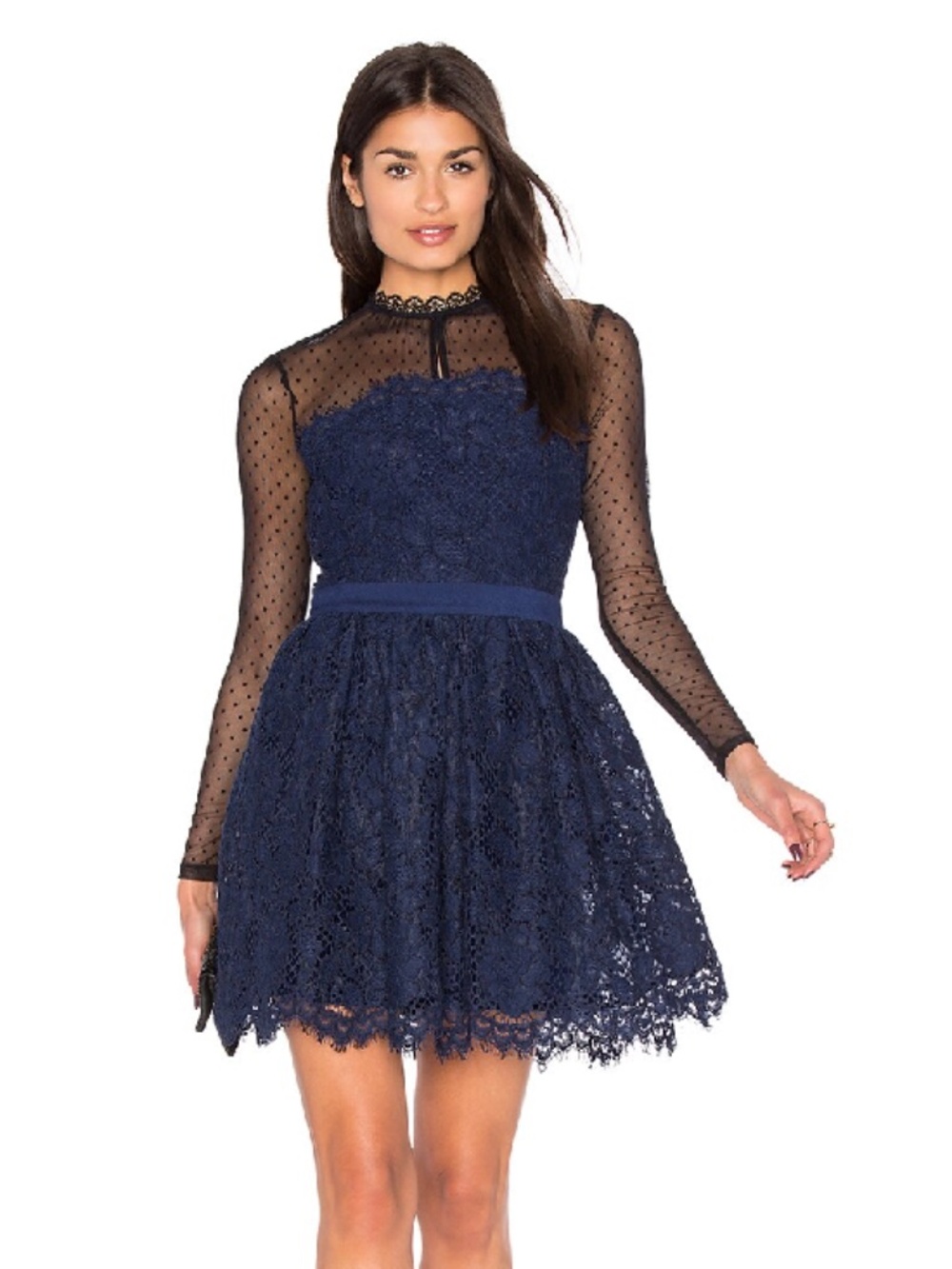 Izzy Dress - X byNBD Navy Lace Fit-and-Flare Dress with Sheer Black Long Sleeves